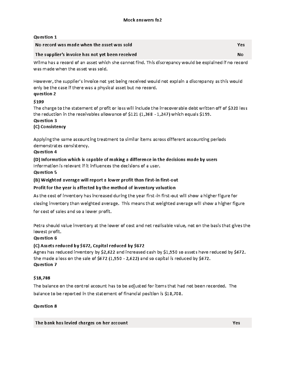 FA2 Mock Exam 1 Answers - Exams mcqs type question usually appear in ...