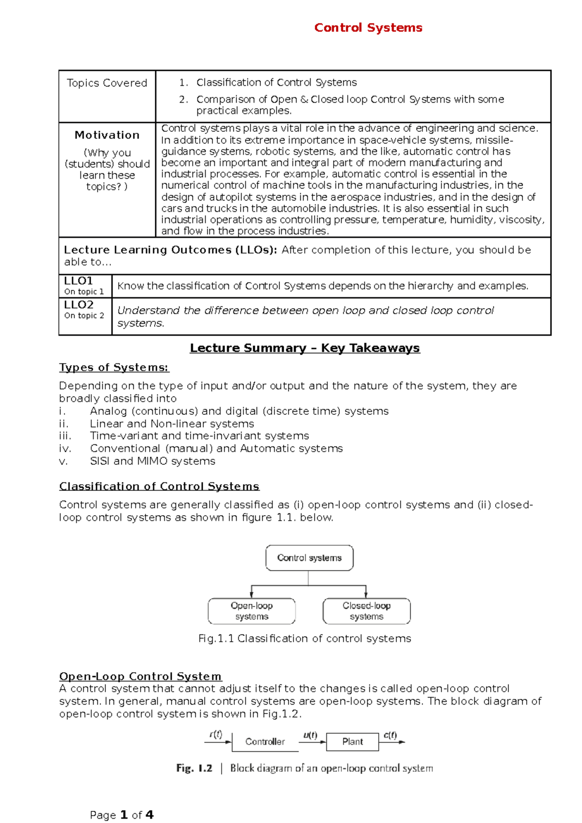 Classification of Control Systems - Topics Covered 1. Classification of ...