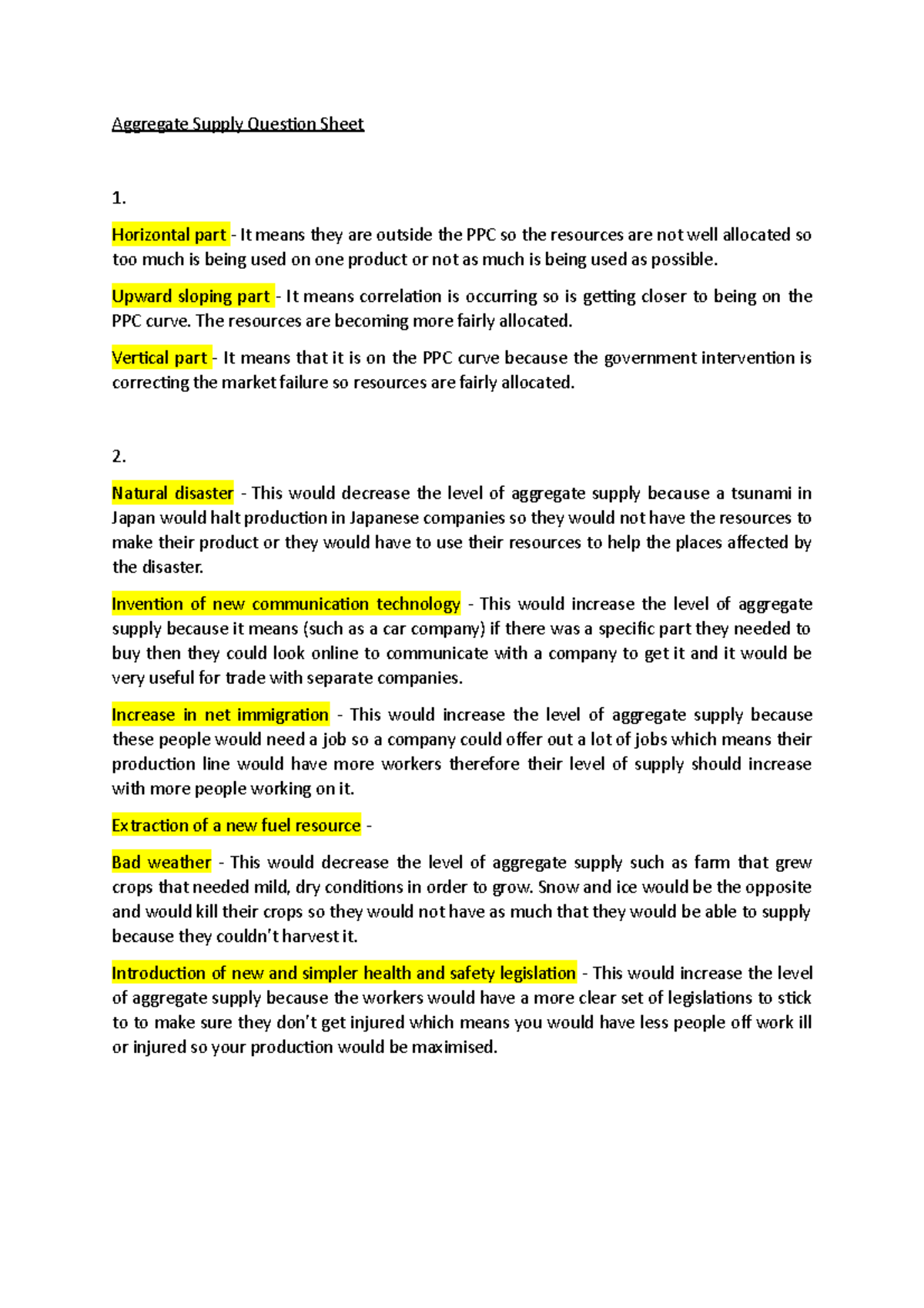 Aggregate Supply Question Sheet - Horizontal part - It means they are ...
