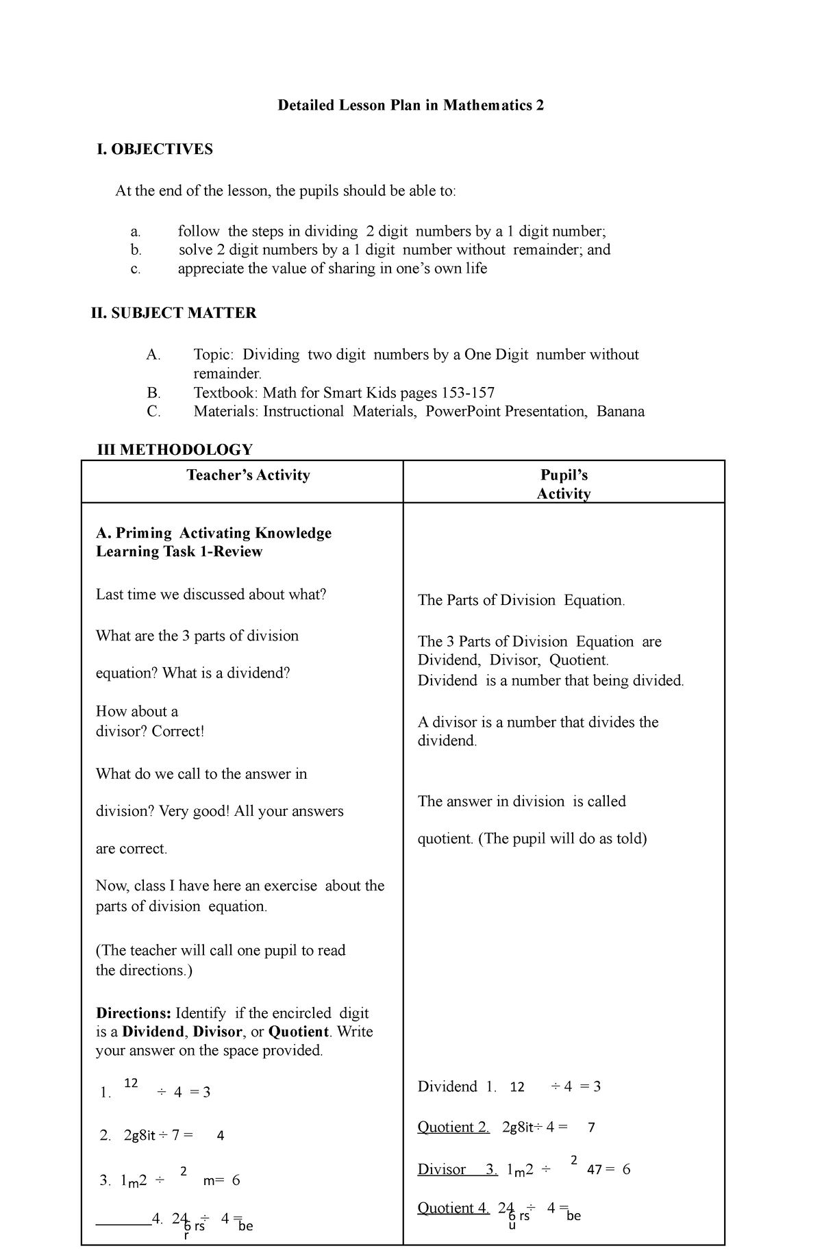 Detailed Lesson Plan in Mathematics 2 Detailed Lesson Plan In 