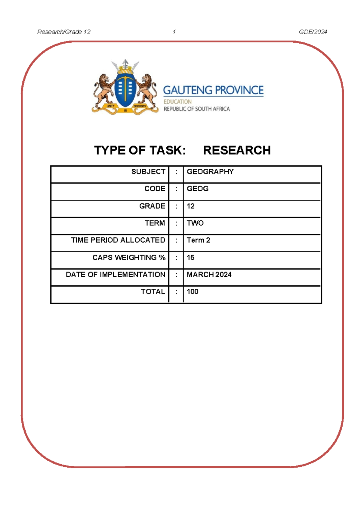 geography research task grade 12 term 1 memorandum