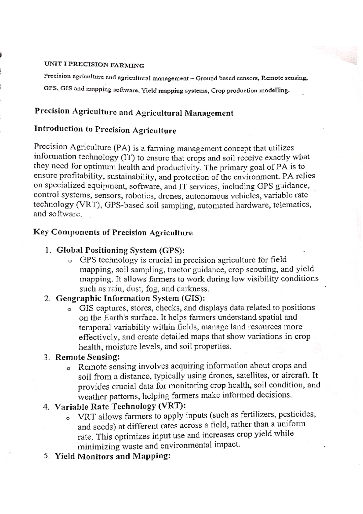Unit 1 ITA - notes - UNIT I PRECISION FARMING Precision agriculture and ...