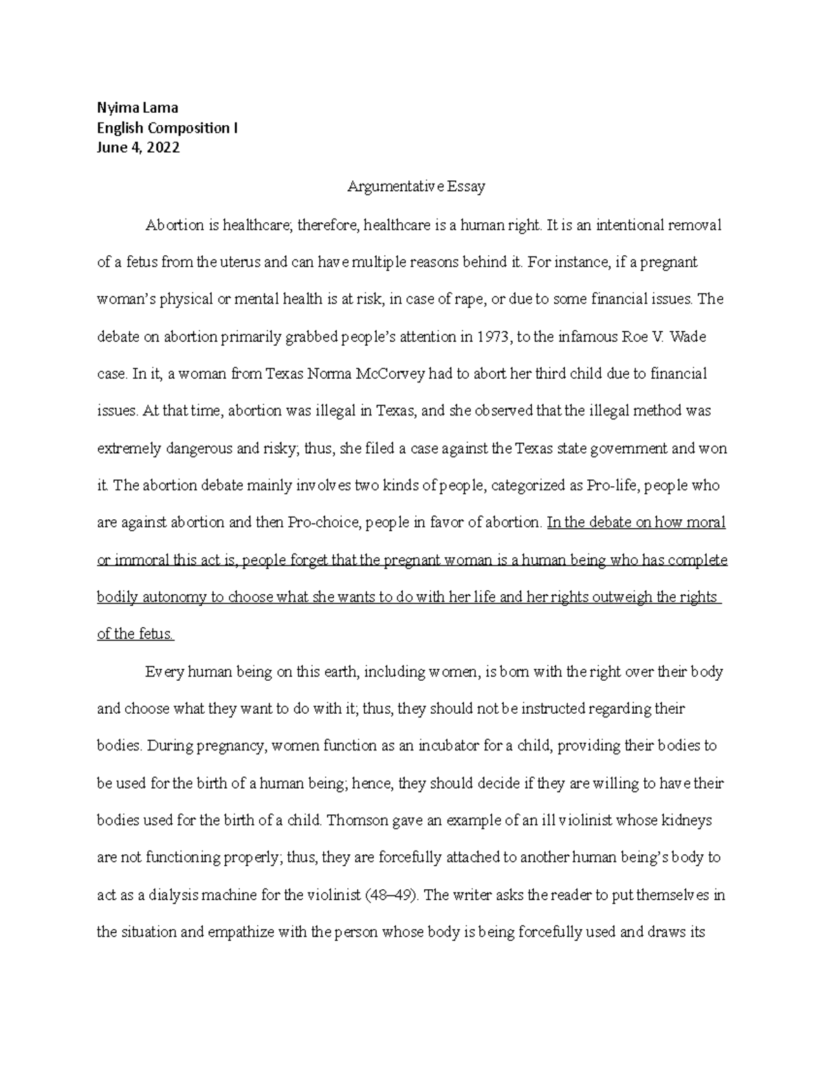 Argumentative essay - Nyima Lama English Composition I June 4, 2022 ...