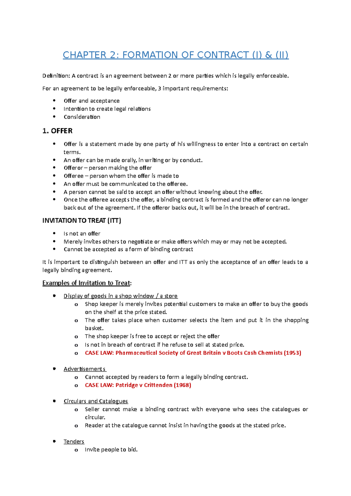 BUS201 Open Book Notes - CHAPTER 2: FORMATION OF CONTRACT (I) & (II ...