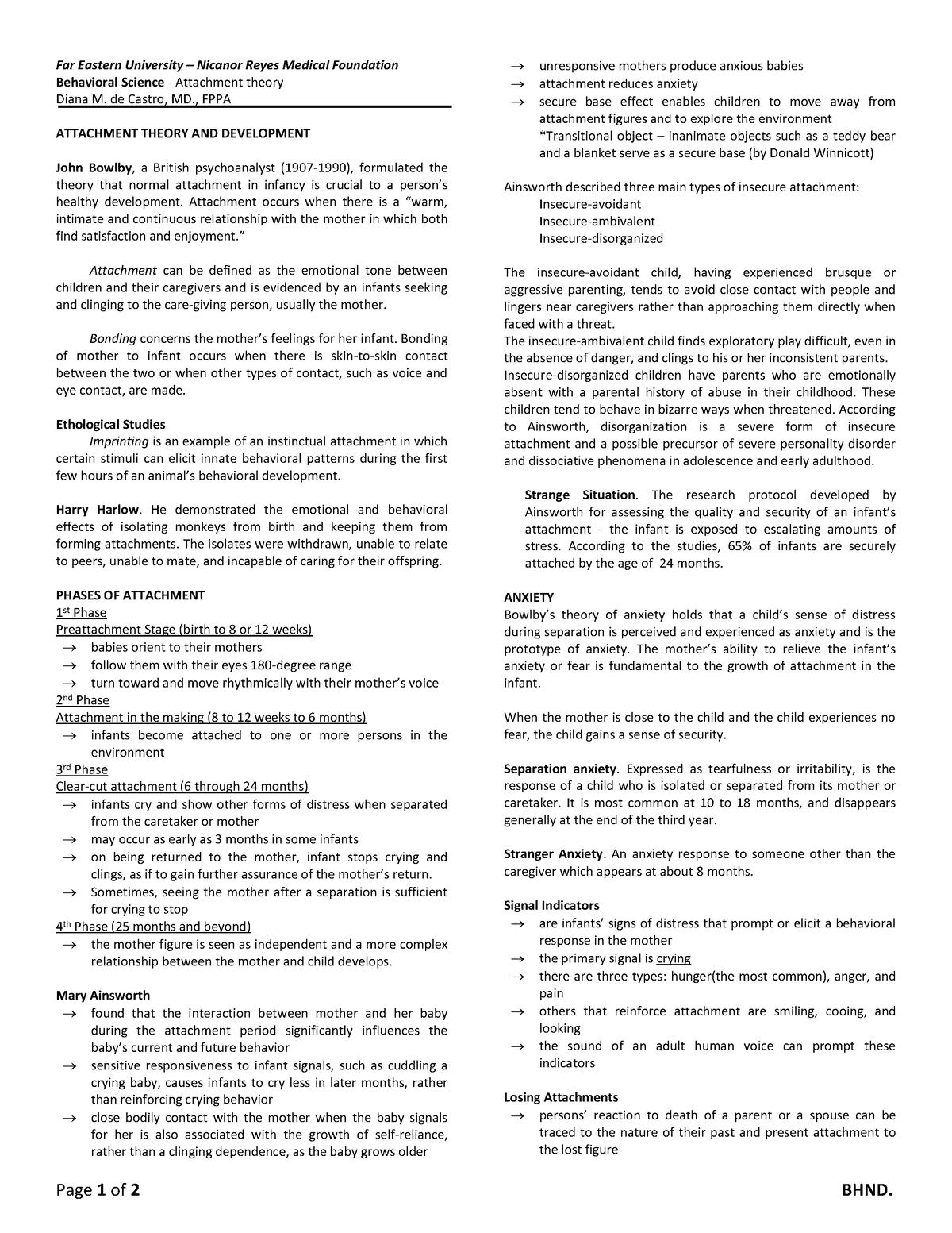 [Beh Sci I] Attachment Theory-de Castro (BHND) - Page 1 of 2 BHND. Far ...