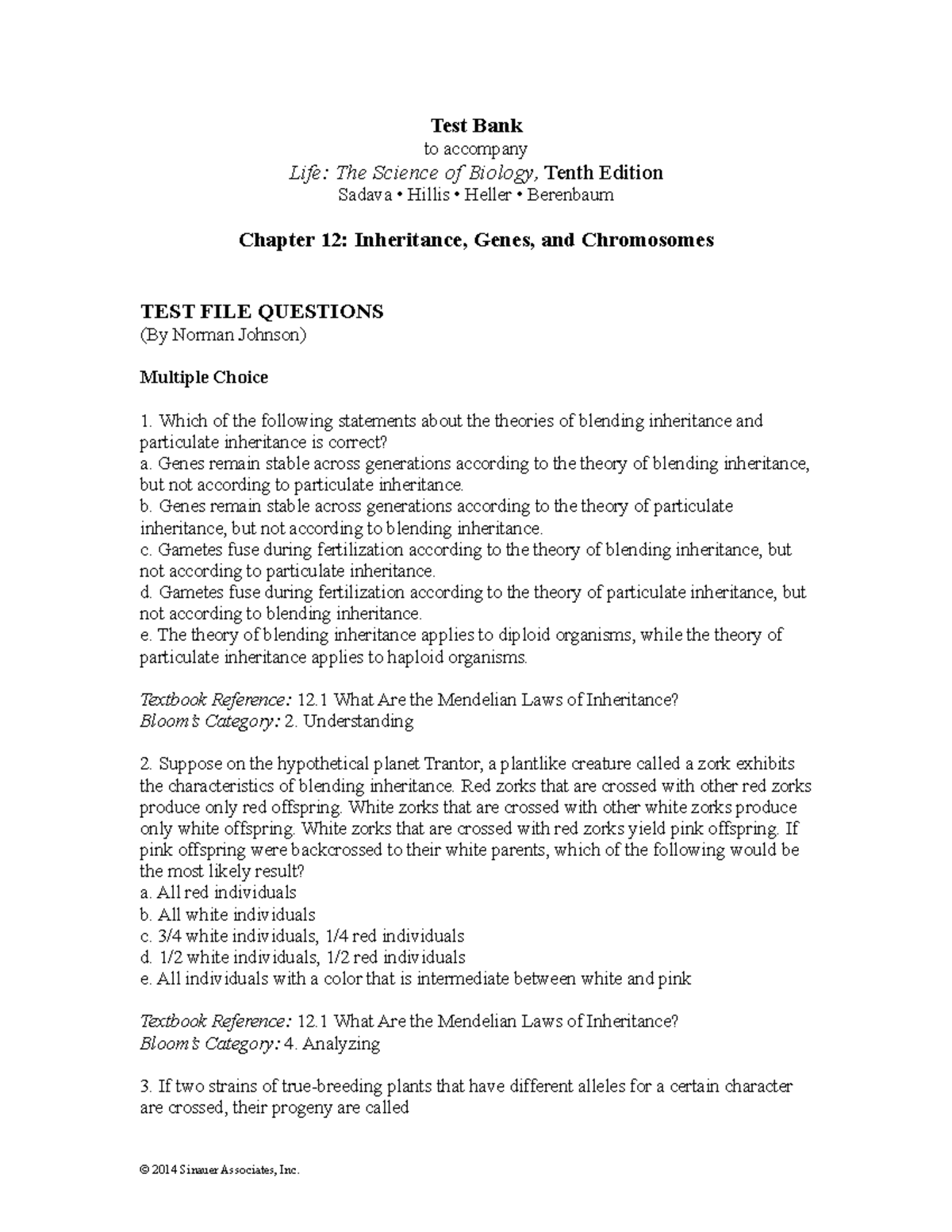 Life10e Ch12 Test Bank-Inheritance, Genes, And Chromosomes - Without ...