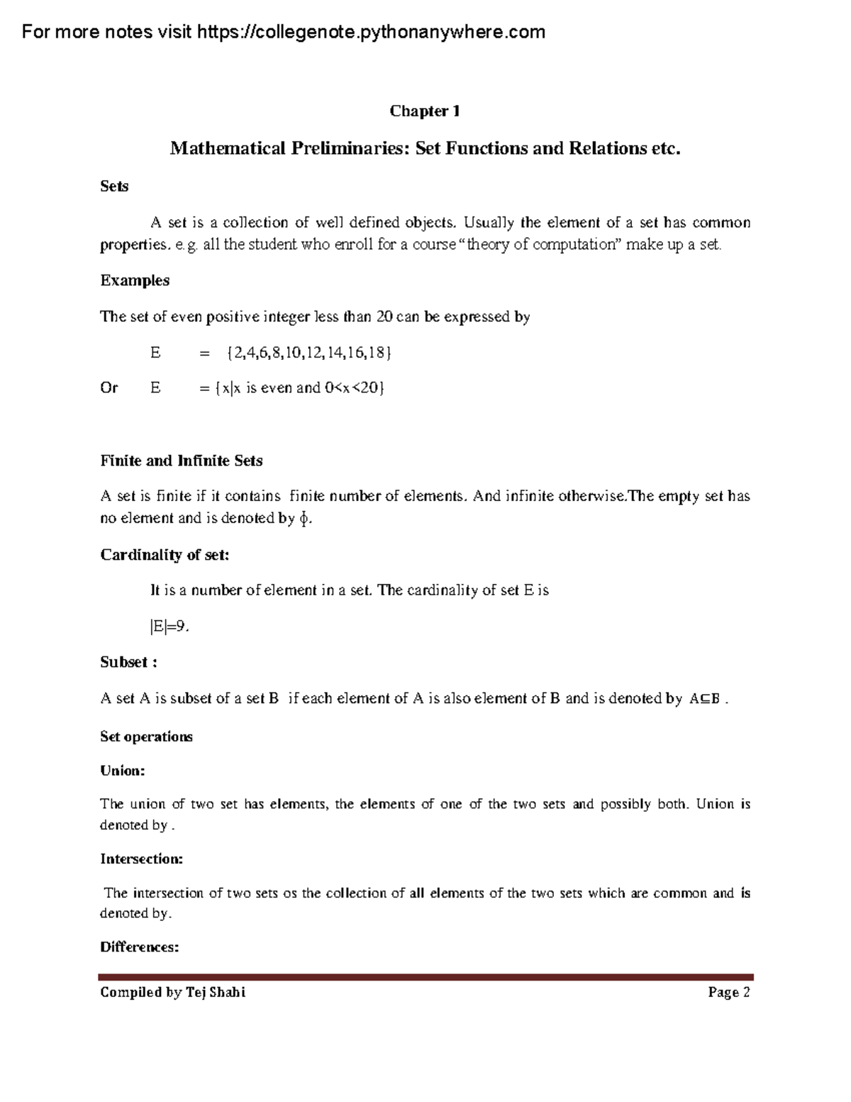 TOC-1 - Chapter 1 Mathematical Preliminaries: Set Functions And ...