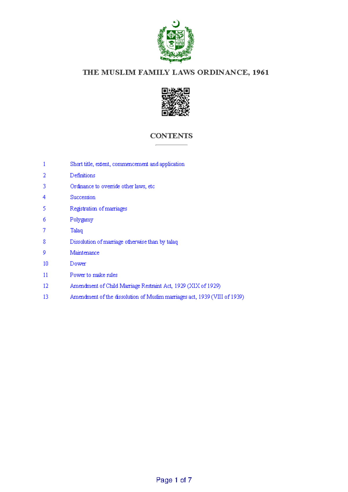 Islamic Personal law - THE MUSLIM FAMILY LAWS ORDINANCE, CONTENTS 1 ...