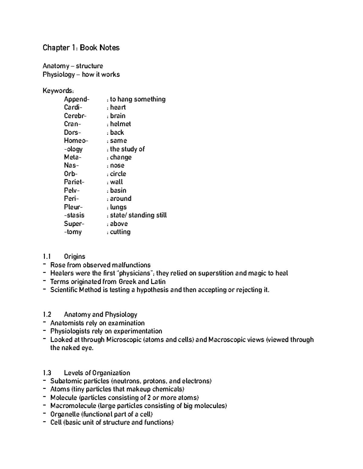 BIO 2006 - Chapter 1 notes - Chapter 1: Book Notes Anatomy – structure ...