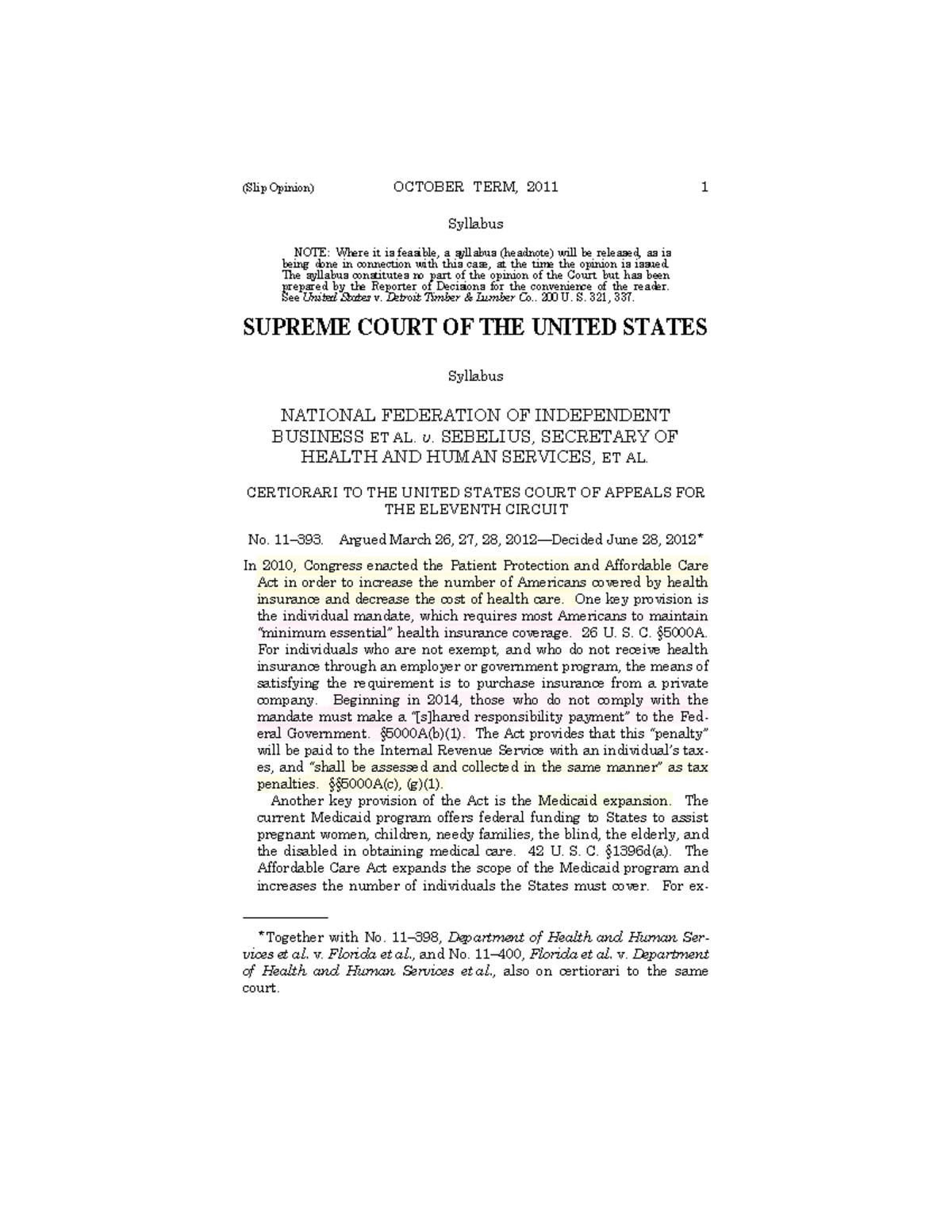 Lesson 5 public law pt 2 (Slip Opinion) OCTOBER TERM, 2011 1 Syllabus