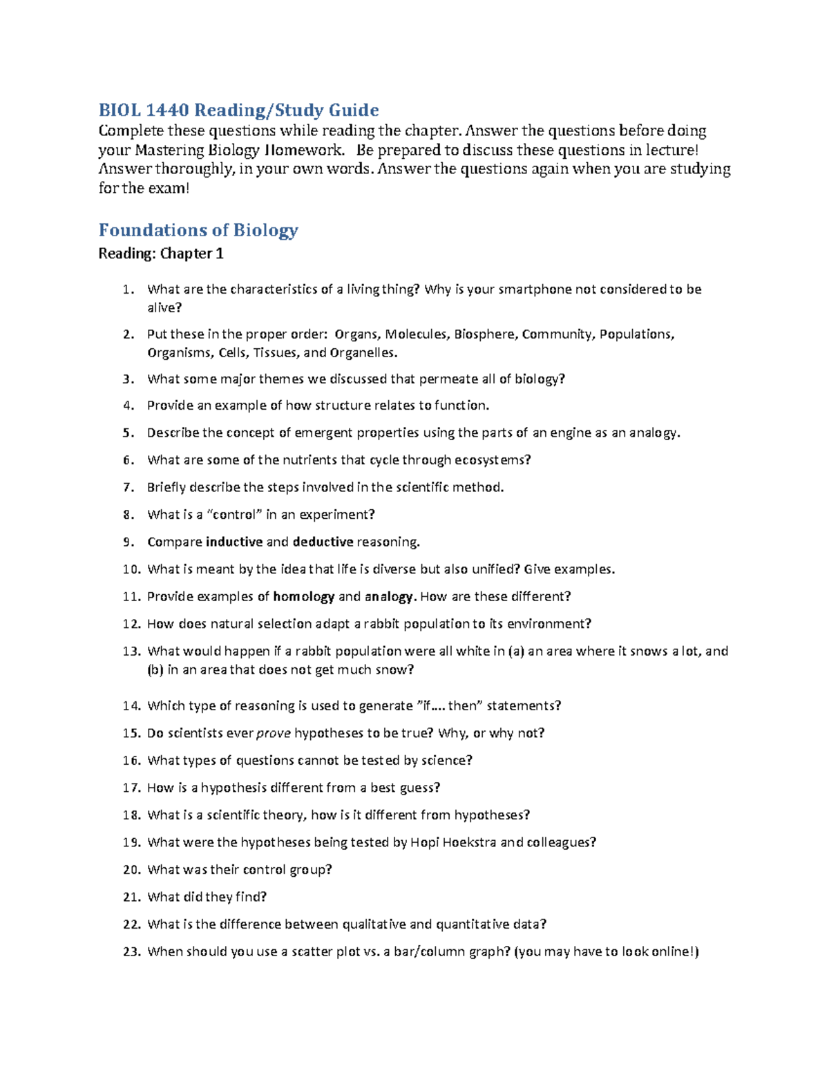 Bio Ch. 1 guided questions - BIOL 1440 Reading/Study Guide Complete ...