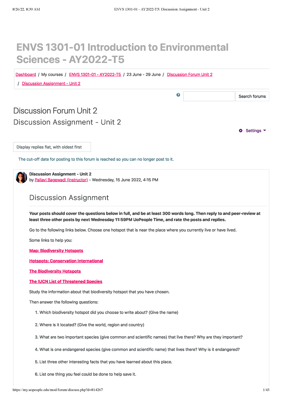 ENVS 1301-01 - AY2022-T5 Discussion Assignment - Unit 2 - ENVS 1301-01 ...