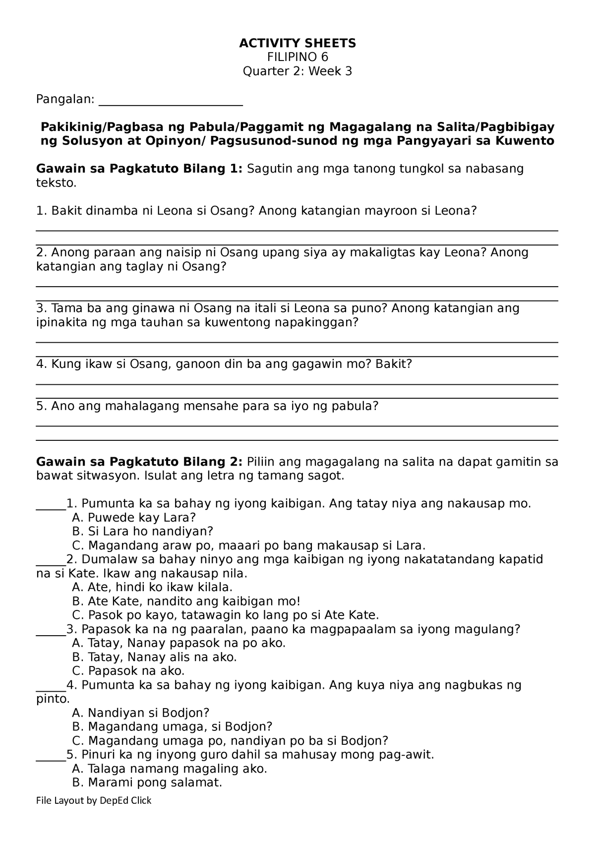 Filipino 6 Activity Sheet Q2 W3 Activity Sheets Filipino 6 Quarter 2 6107