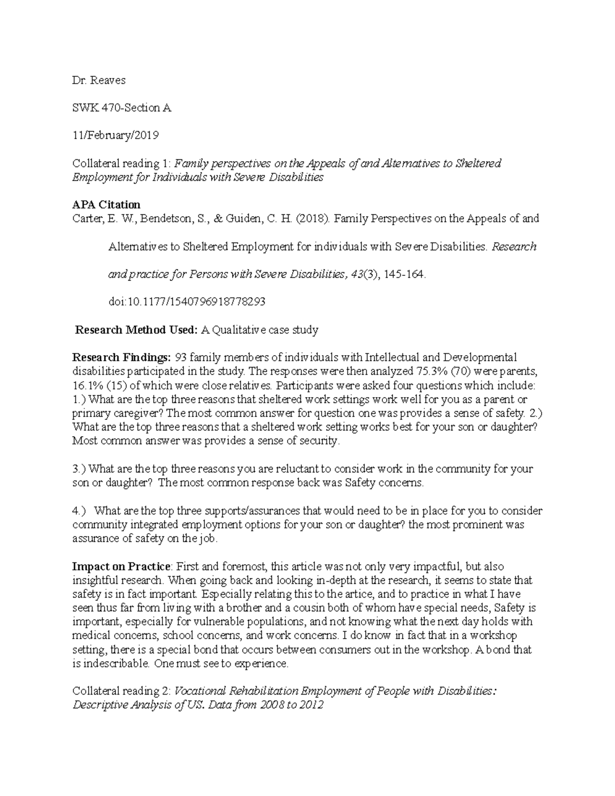 Collateral readings Dr. Reaves Copy - Dr. Reaves SWK 470-Section A 11 ...