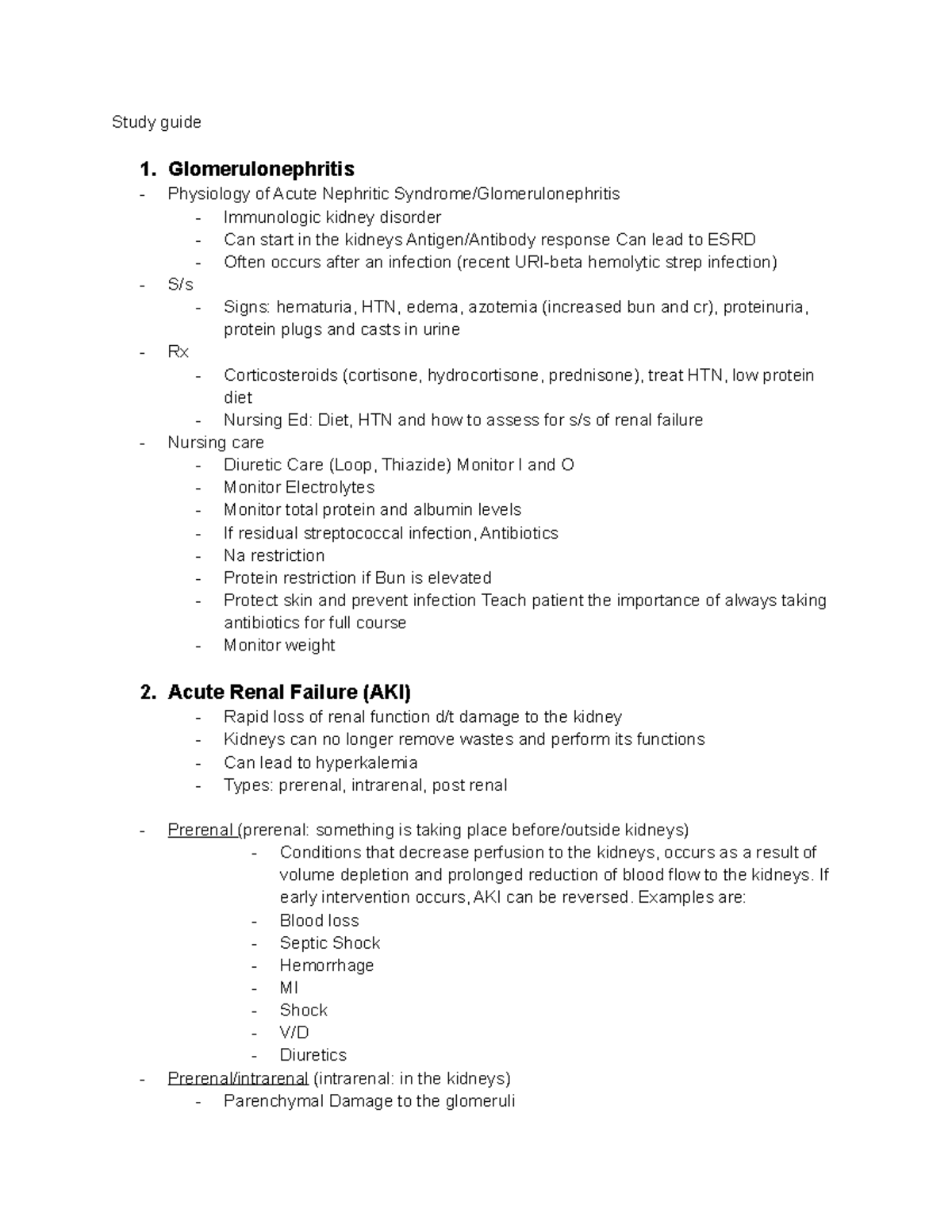 4325 exam 1 study guide - Study guide 1. Glomerulonephritis Physiology ...