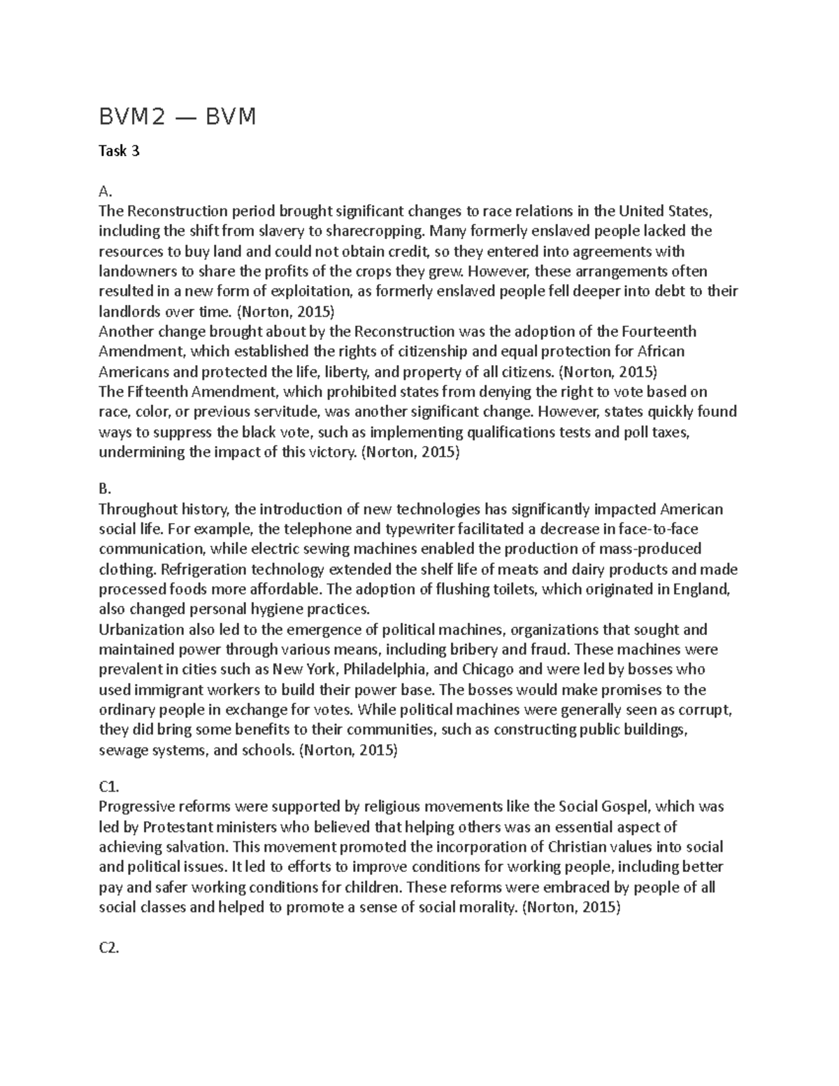 BVM2 — BVM TASK 3 US History - BVM2 — BVM Task 3 A. The Reconstruction ...