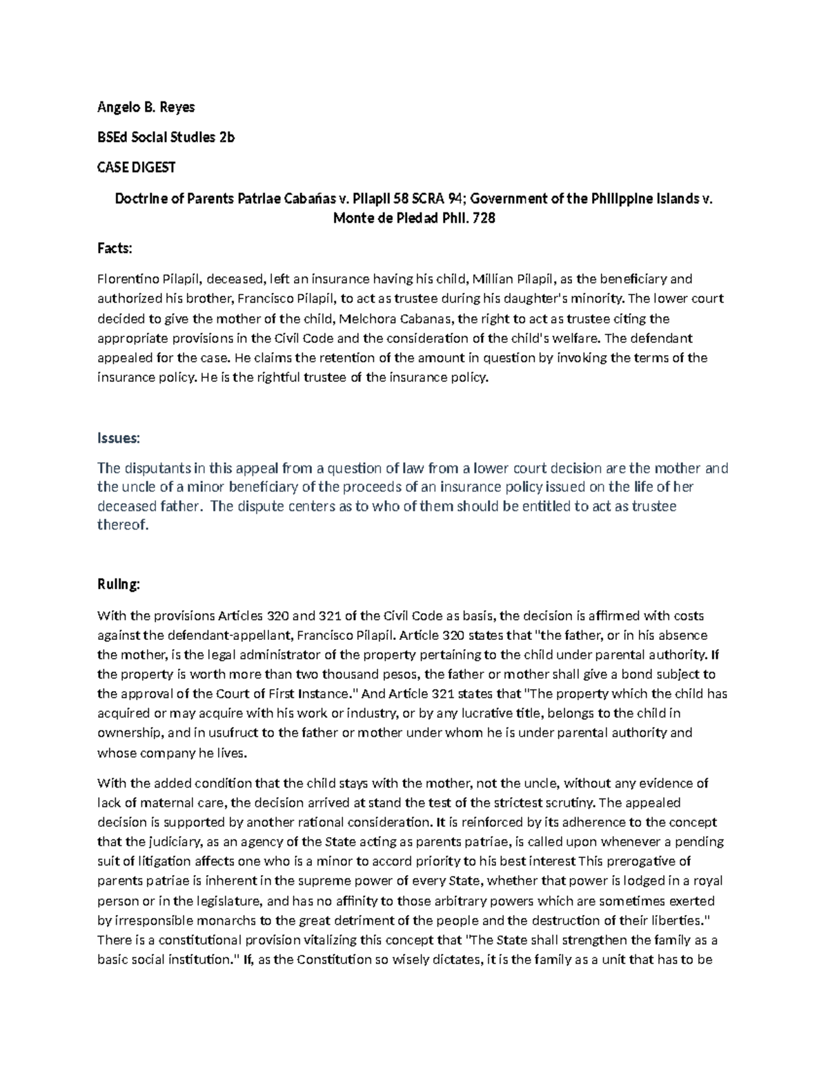 CASE Digest - Angelo B. Reyes BSEd Social Studies 2b CASE DIGEST ...