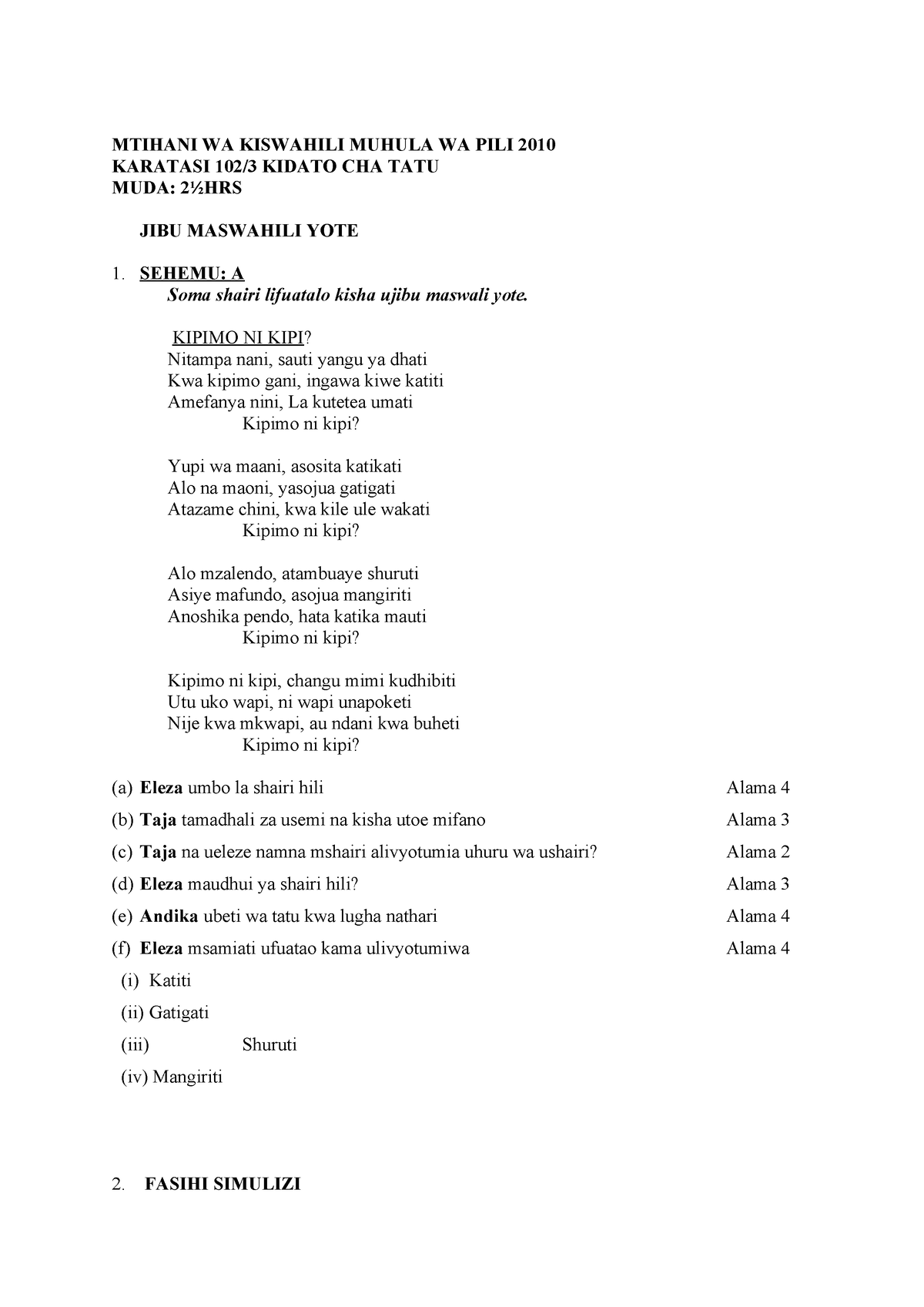 2010 Kiswahili FORM 3 Karatasi YA TATU TERM 2 - MTIHANI WA KISWAHILI ...