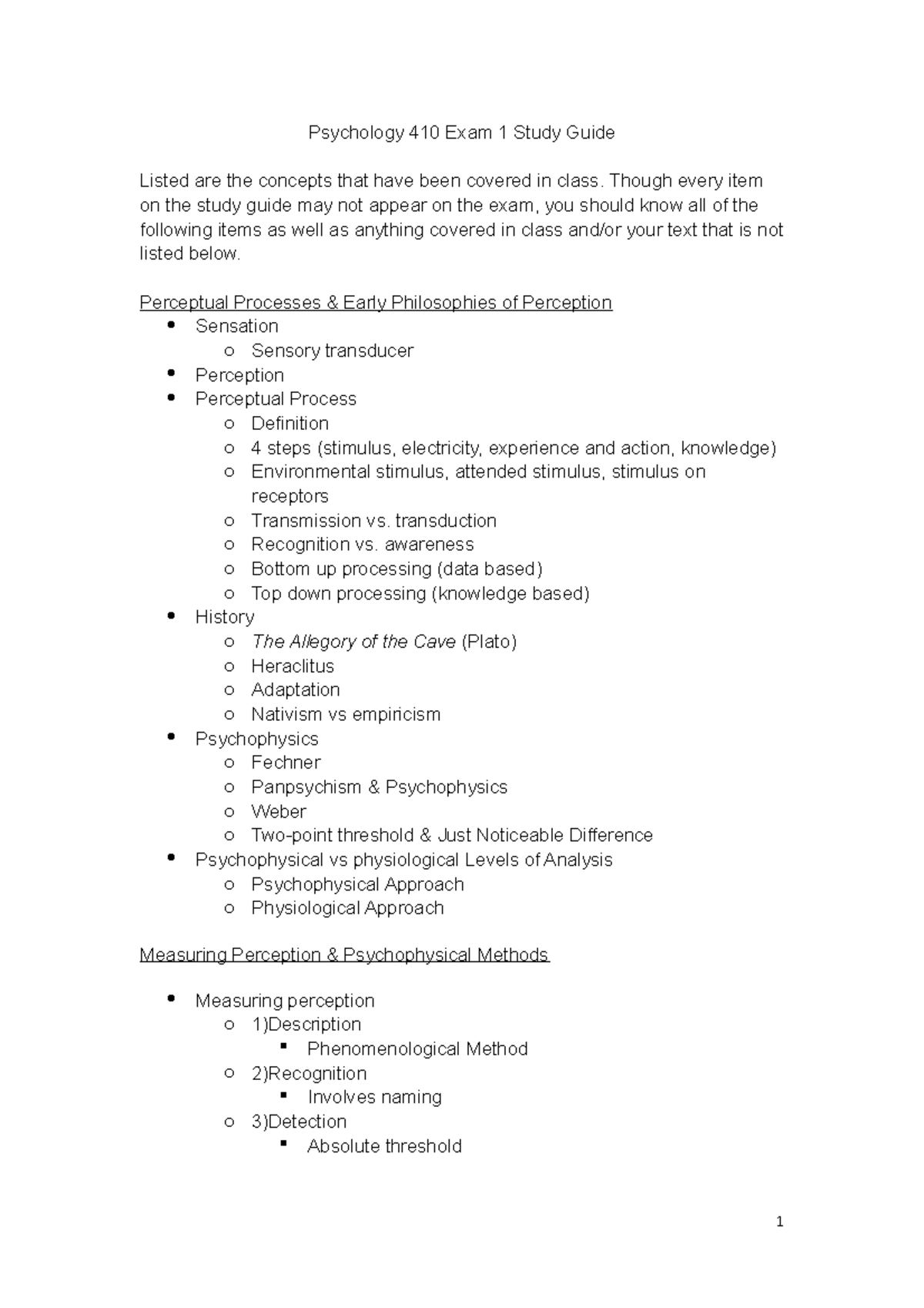 Psych Exam 1 Study Guide Psychology 410 Exam 1 Study Guide Listed are