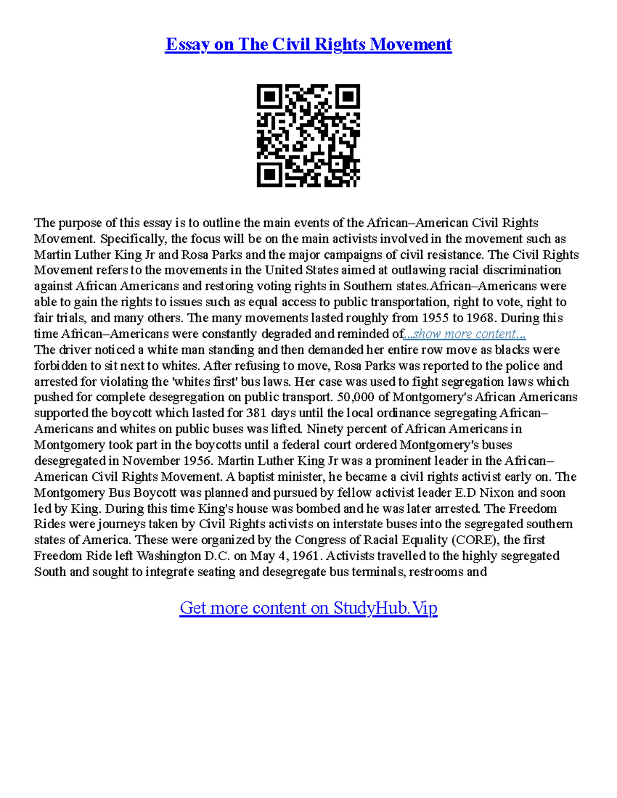 Essays On Civil Rights Movement Essay on The Civil Rights Movement