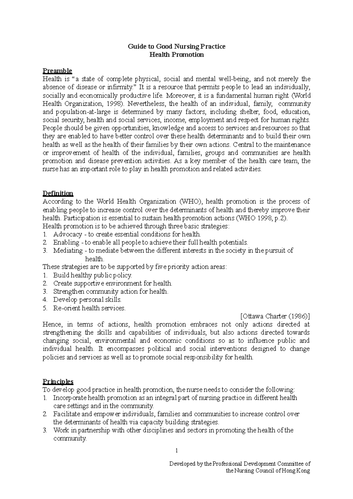 Guide to good nursing practice health promotion the nursing Guide to Good Nursing Practice