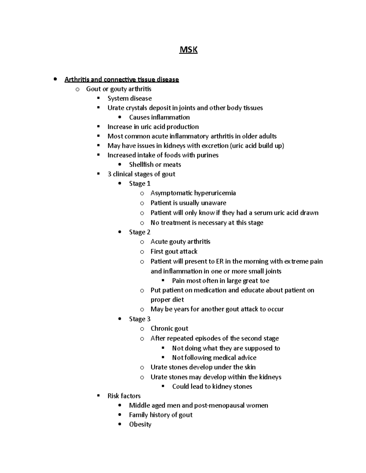 AH1 Unit 3 MSK - notes - MSK Arthritis and connective tissue disease o ...