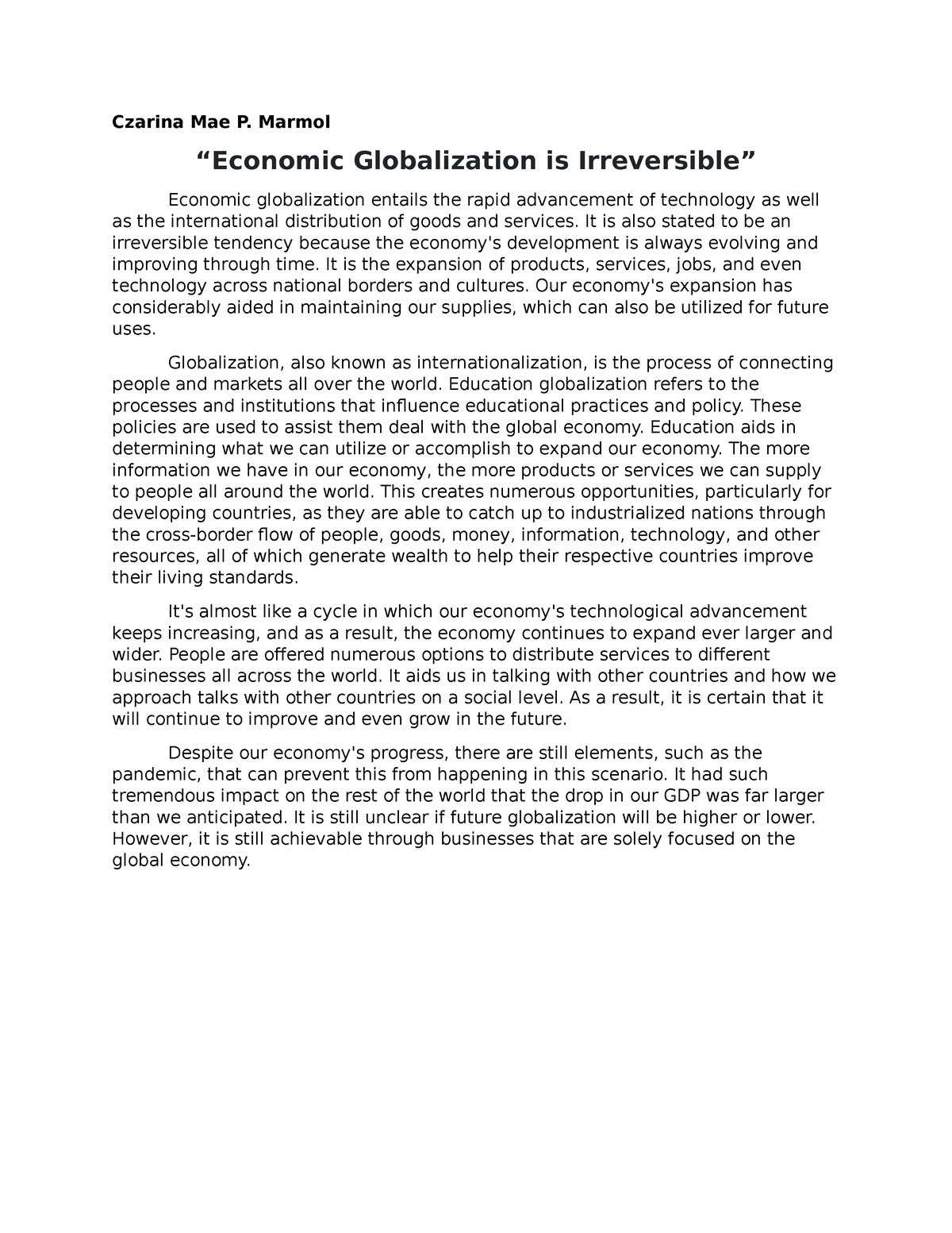 economic globalization is irreversible essay