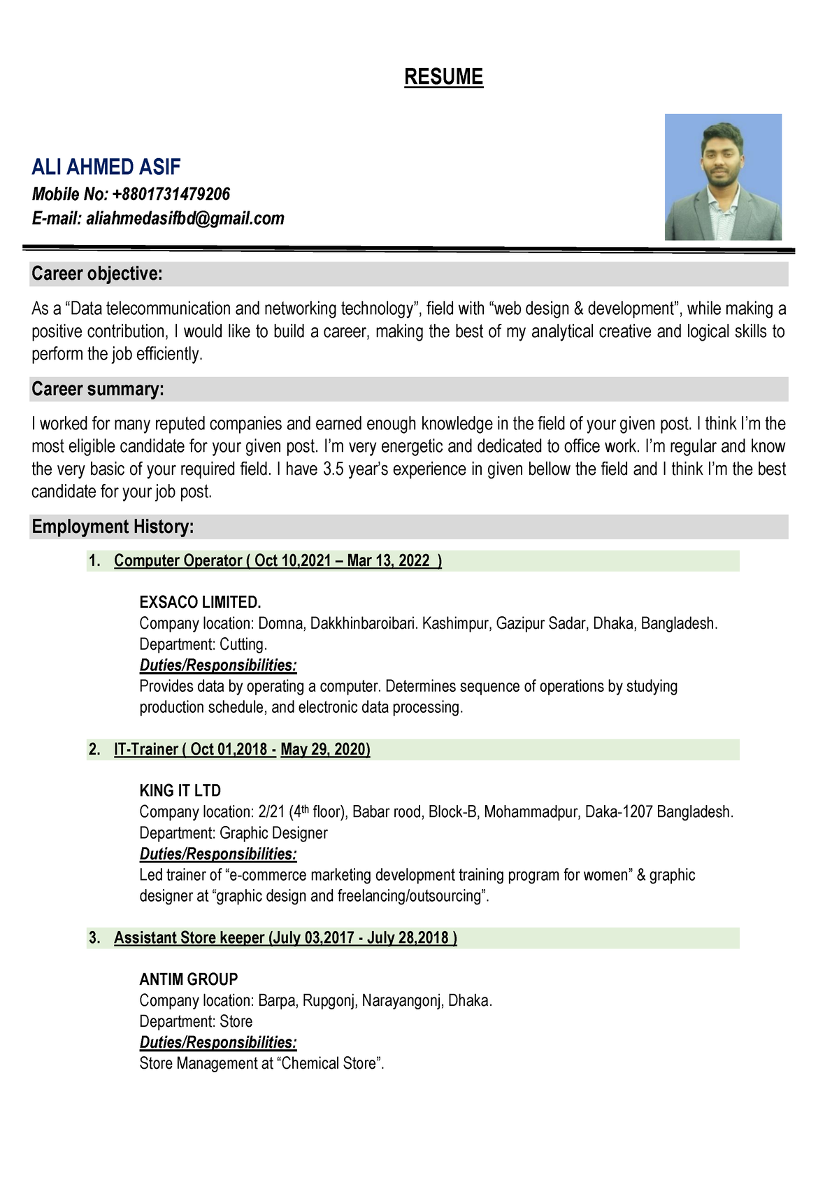 Resume of ALI Ahmed ASIF - RESUME ALI AHMED ASIF Mobile No: + E-mail ...