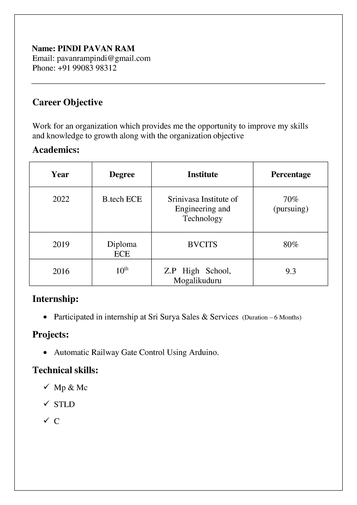 Pavan Ram Resume - RESSUME - Name: PINDI PAVAN RAM Email: Pavanrampindi ...