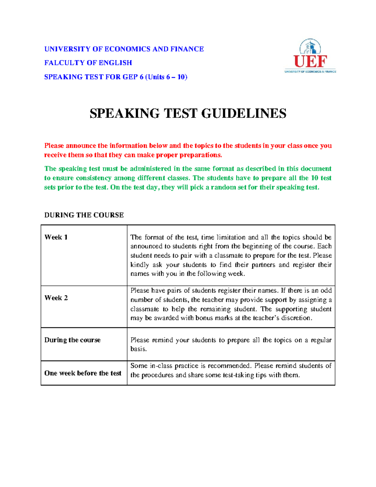 Speaking Test GEP6 - Guidelines - UNIVERSITY OF ECONOMICS AND FINANCE ...