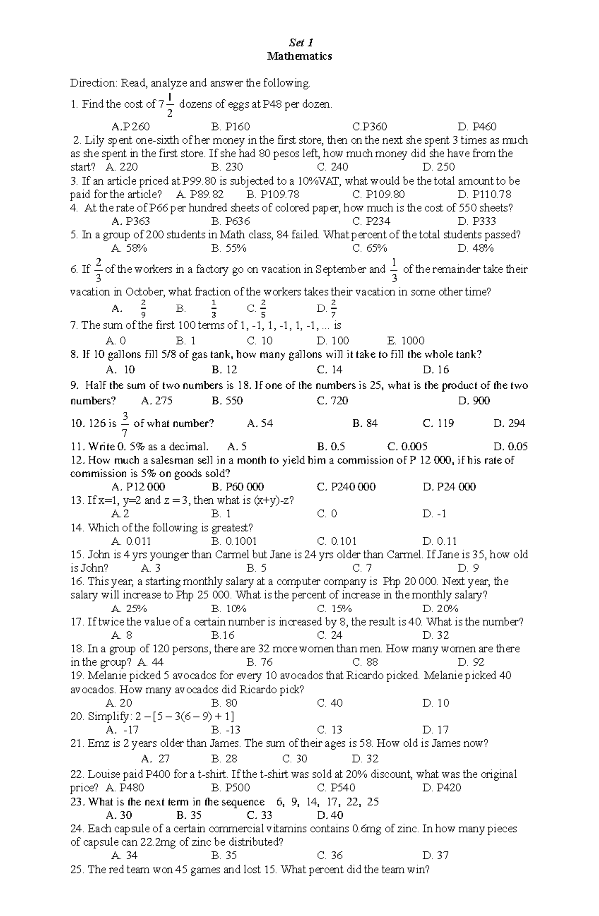 Set-1 - Math Practice Set for content knowledge mastery - Set 1 ...