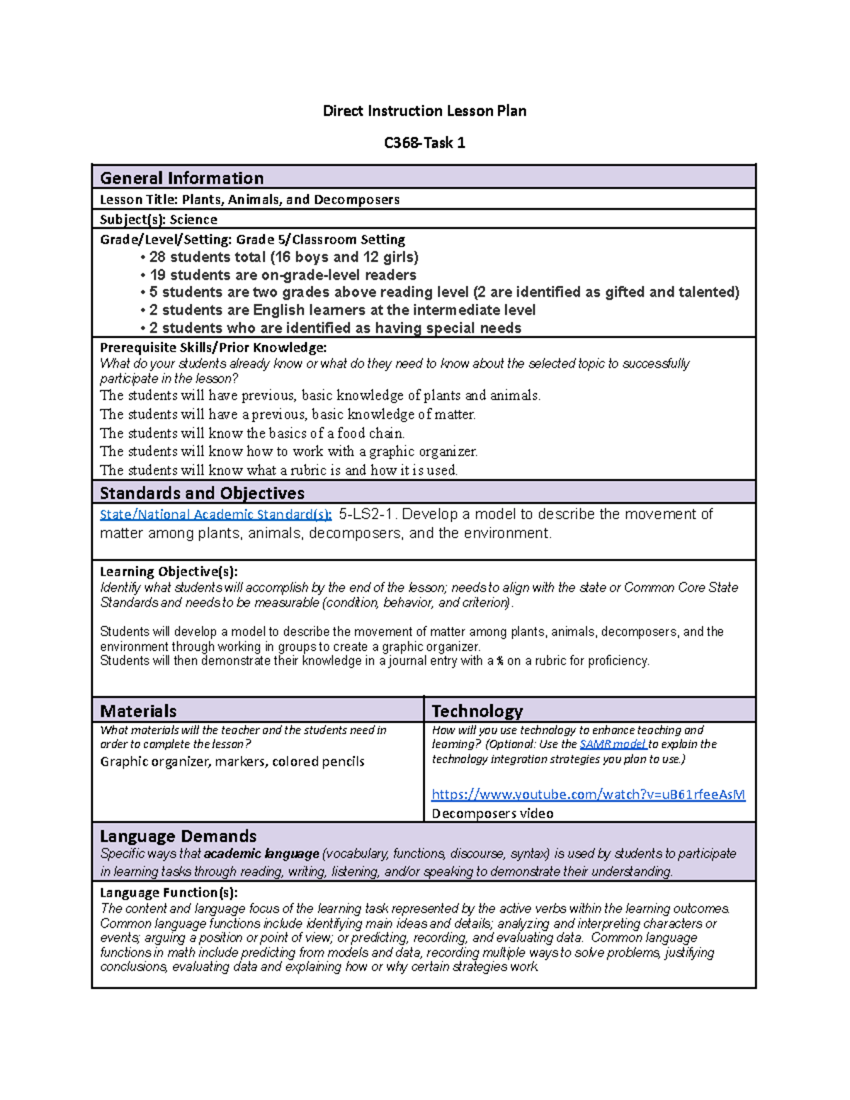 Direct Lesson Plan Direct Instruction Lesson Plan C368 Task 1 General Information Lesson Title 6975