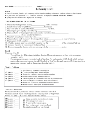 Listening Test 1 - Test - Full Name ...