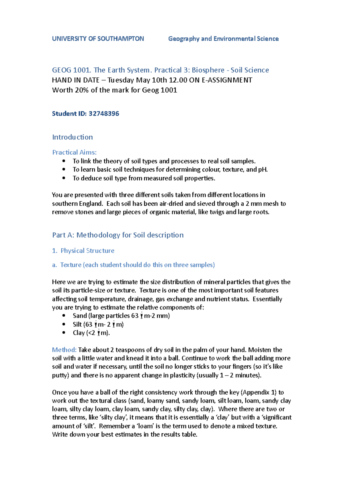 Practical 3 - Soils practical sheet - UNIVERSITY OF SOUTHAMPTON ...
