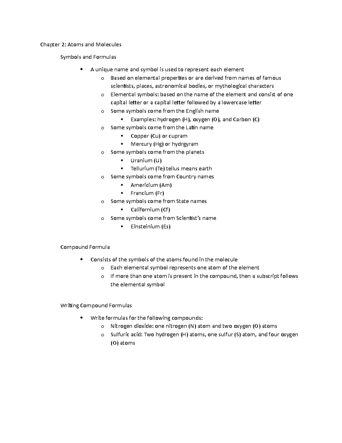 Chemistry Chapter 2 - Chapter 2: Atoms and Molecules Symbols and ...