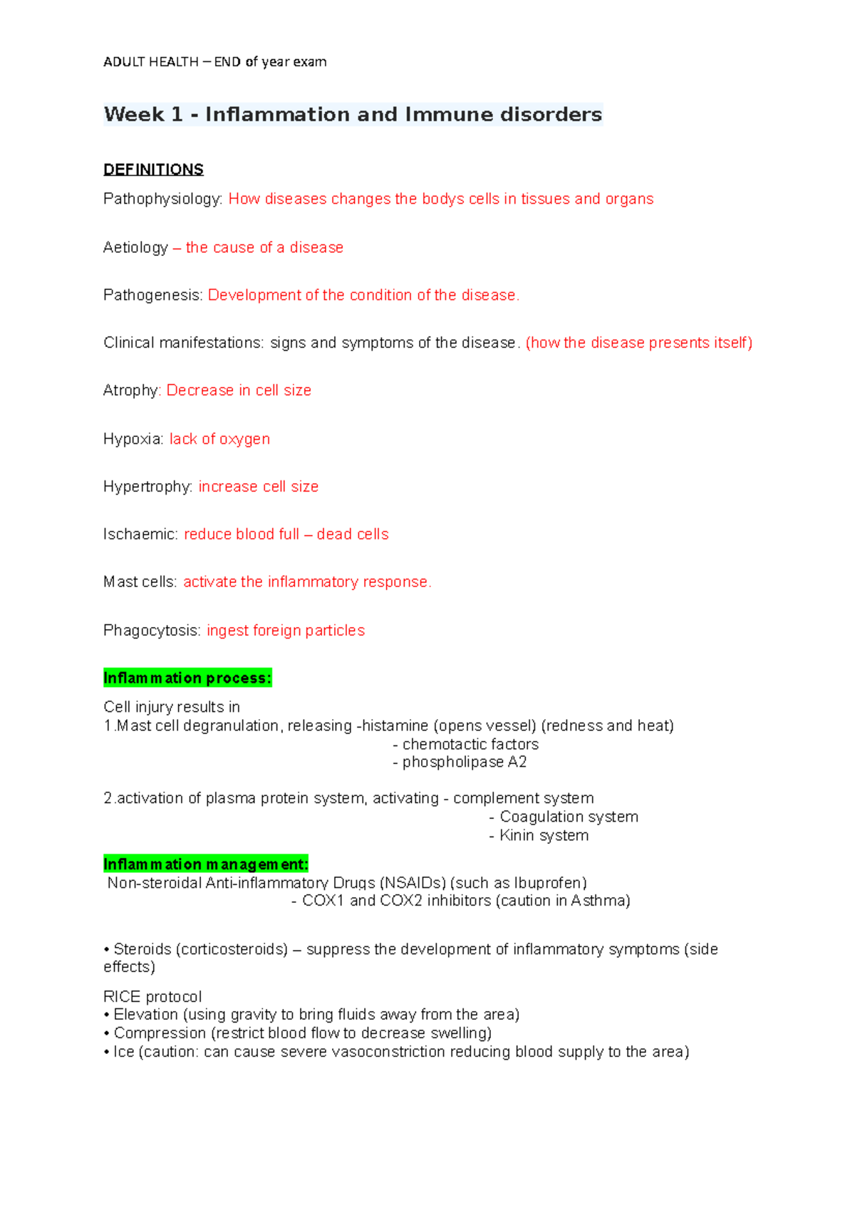 Adult Health exam notes - Week 1 - Inflammation and Immune disorders ...