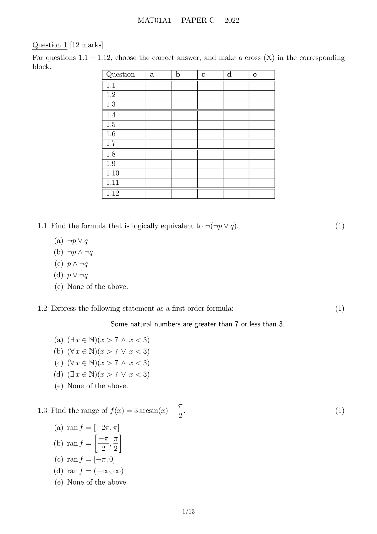 MAT01A1 2022 Paper C final - Question 1 [12 marks] For questions 1 – 1 ...