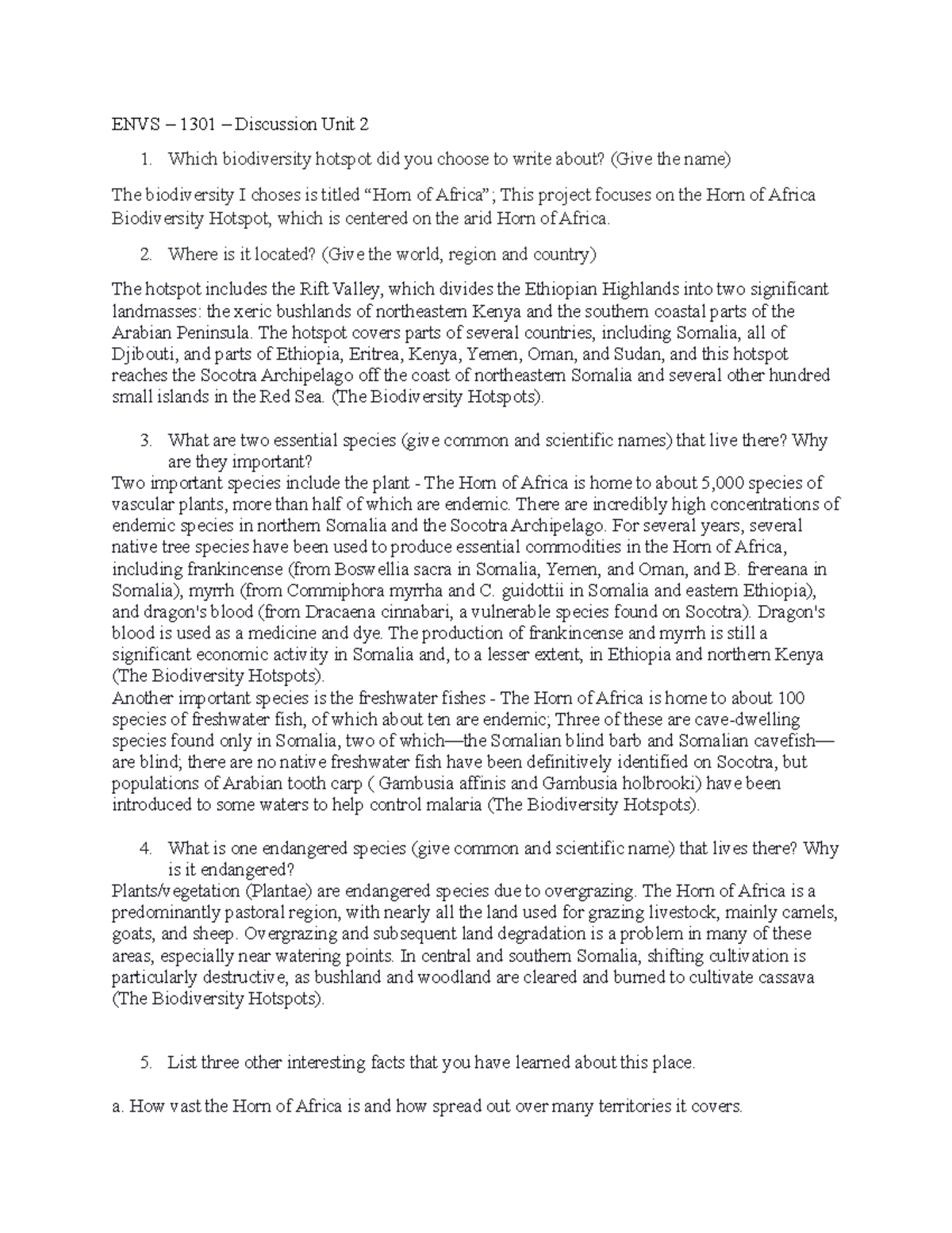 ENVS ds unit 2 - ENVS ds unit 2 - ENVS – 1301 – Discussion Unit 2 1 ...