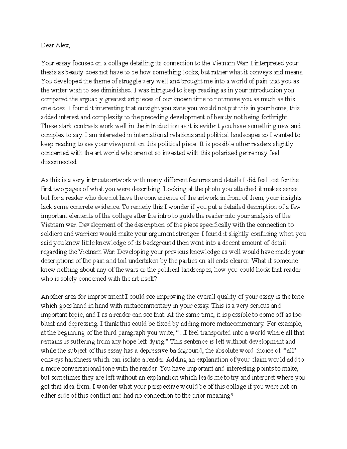 Letter to Alex Essay #2 - assignment - Dear Alex, Your essay focused on ...