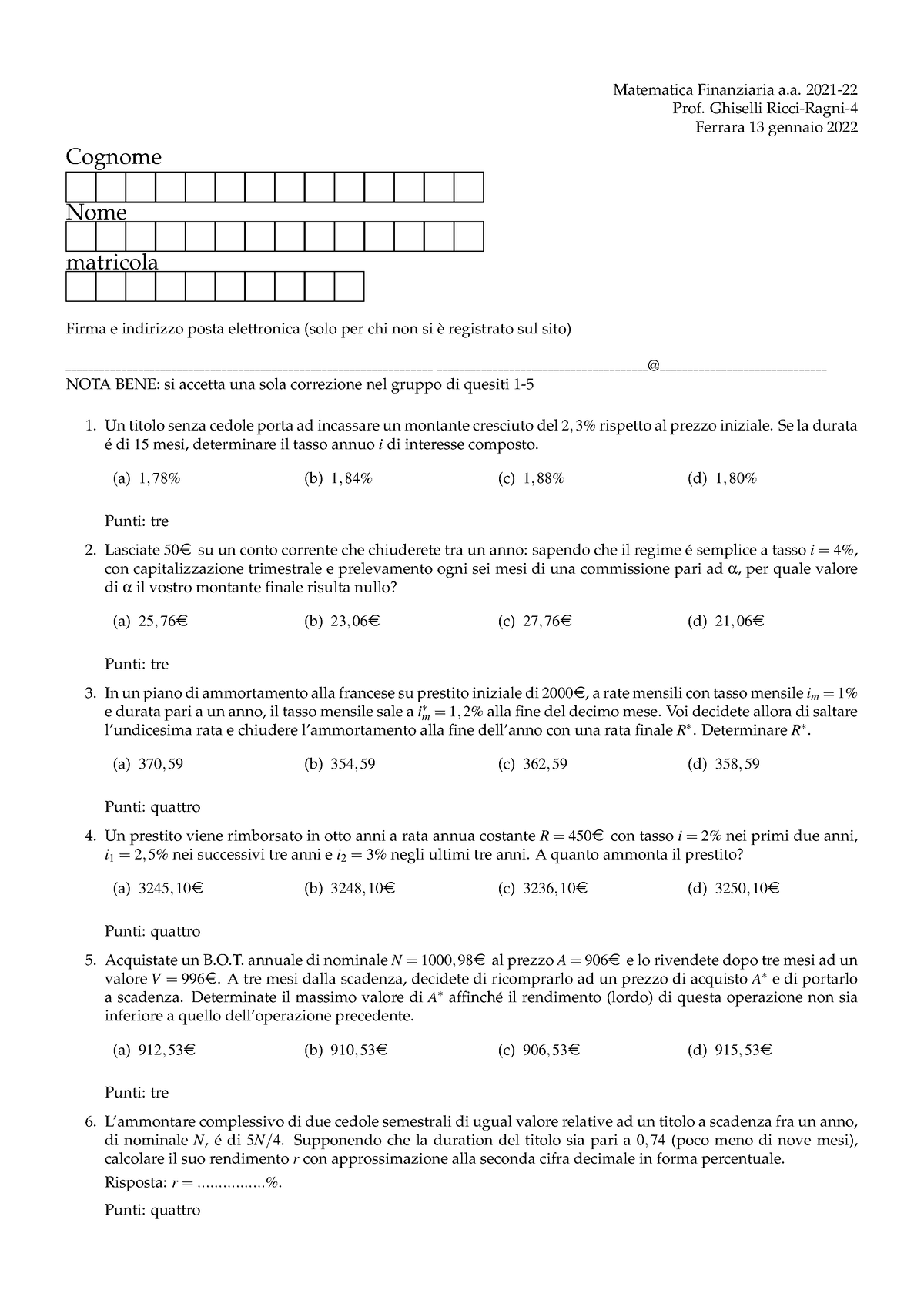 Fin 13 - Esami prima sessione 2021-2022 - Matematica Finanziaria a. 2021-  Prof. Ghiselli - Studocu