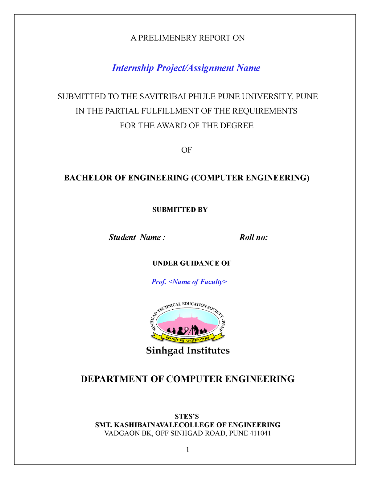 Internship Report Format - A PRELIMENERY REPORT ON Internship Project ...