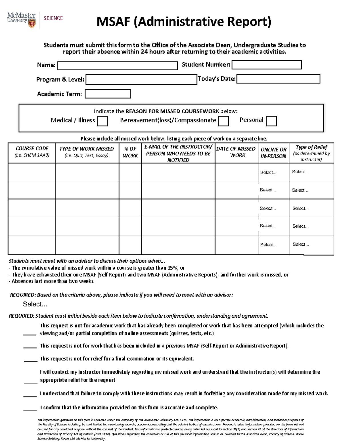 MSAF (Administrative Report) - Student Number: Today’s Date: COURSE ...