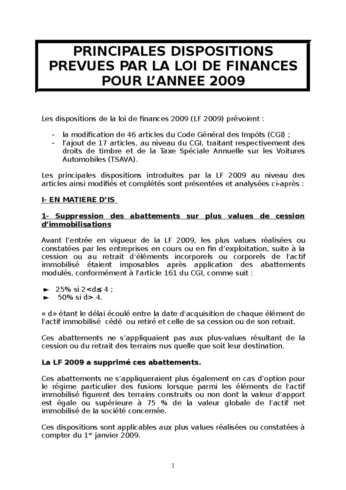 LF 2009 Dispositions - PRINCIPALES DISPOSITIONS PREVUES PAR LA LOI DE ...
