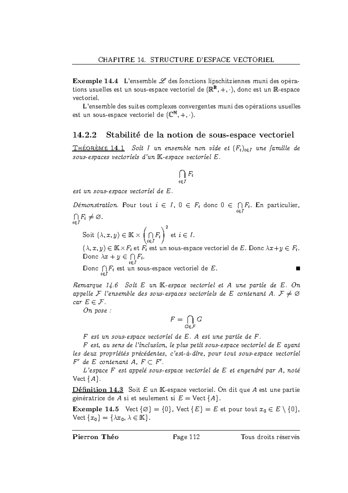 Maths Mpsi-44 - CHAPITRE 14. STRUCTURE D’ESPACE VECTORIEL Exemple 14 L ...