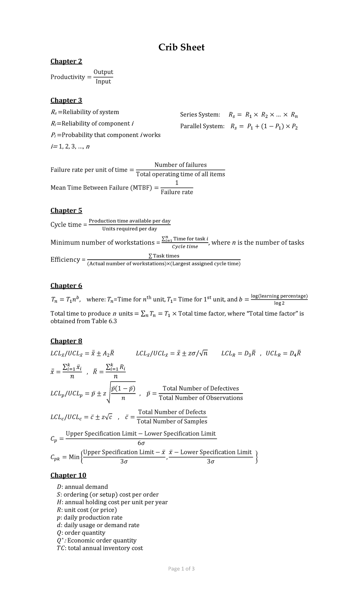 Final Exam Crib Sheet - Page 1 of 3 Crib Sheet Chapter 2 Productivity ...