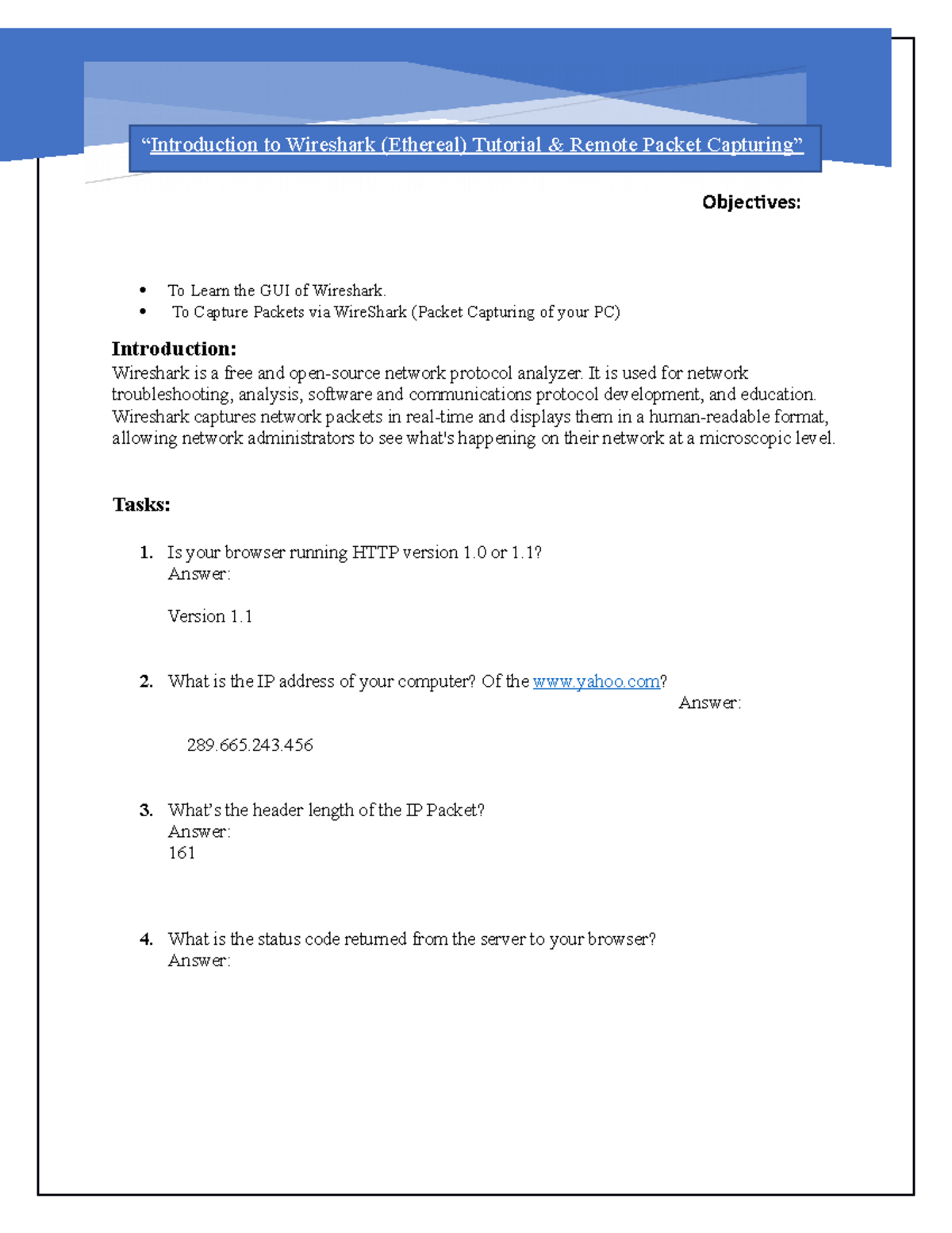 LAB Computer Networks - DE“ Objectives: To Learn the GUI of Wireshark ...
