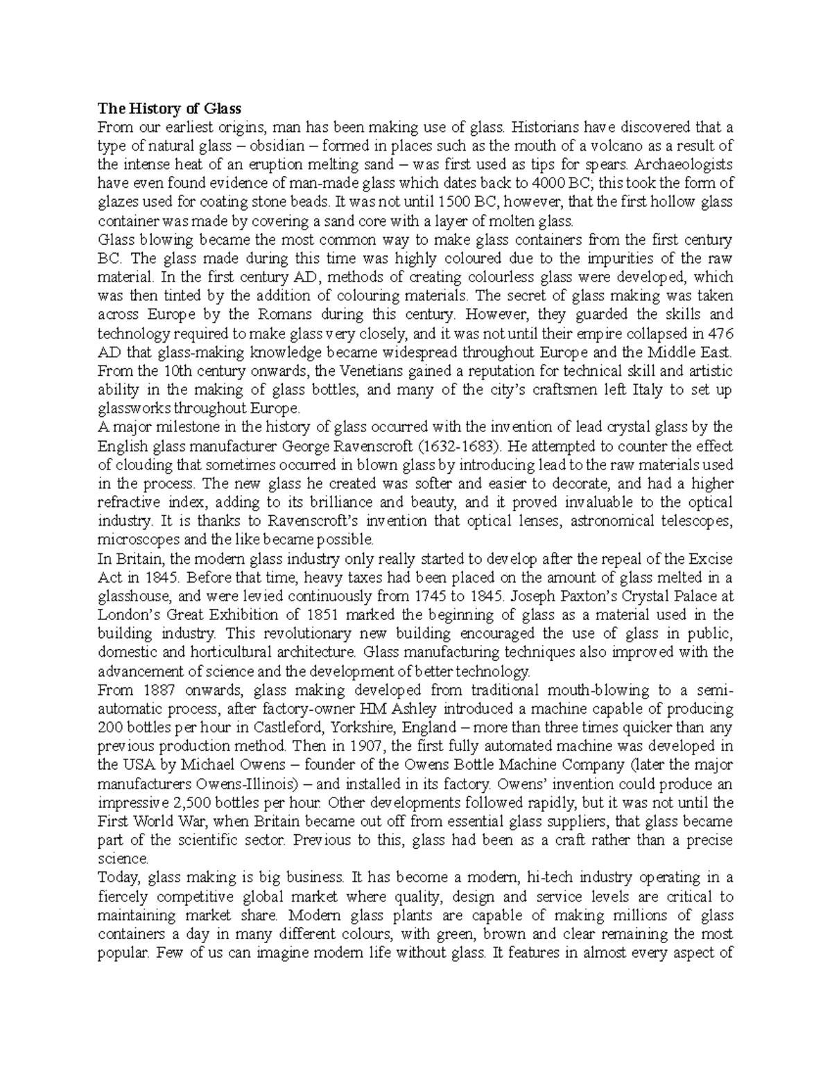 W3 Reading Practice TA5 The History of Glass From our earliest