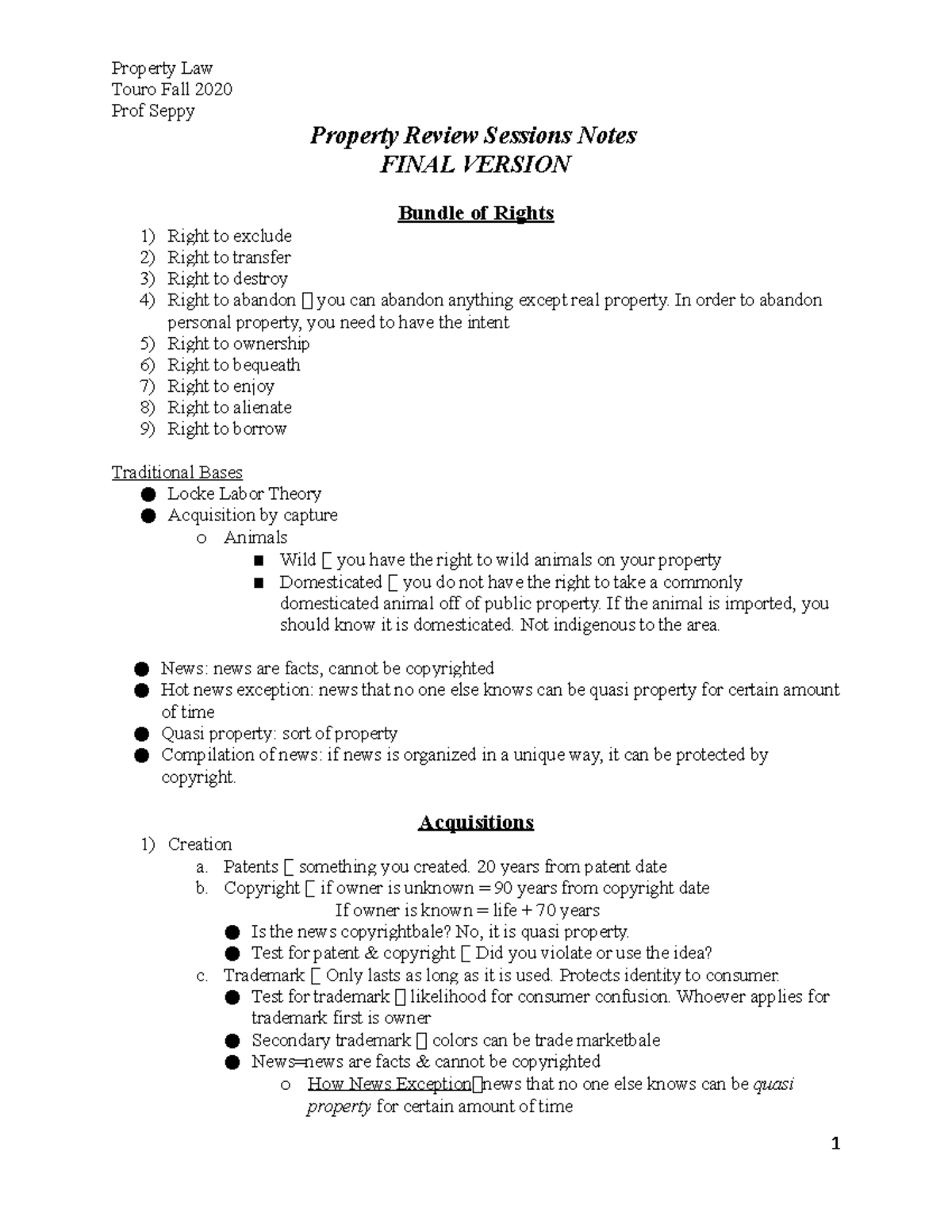 Property Review Sessions Running Notes Property Law 2020 Touro Touro