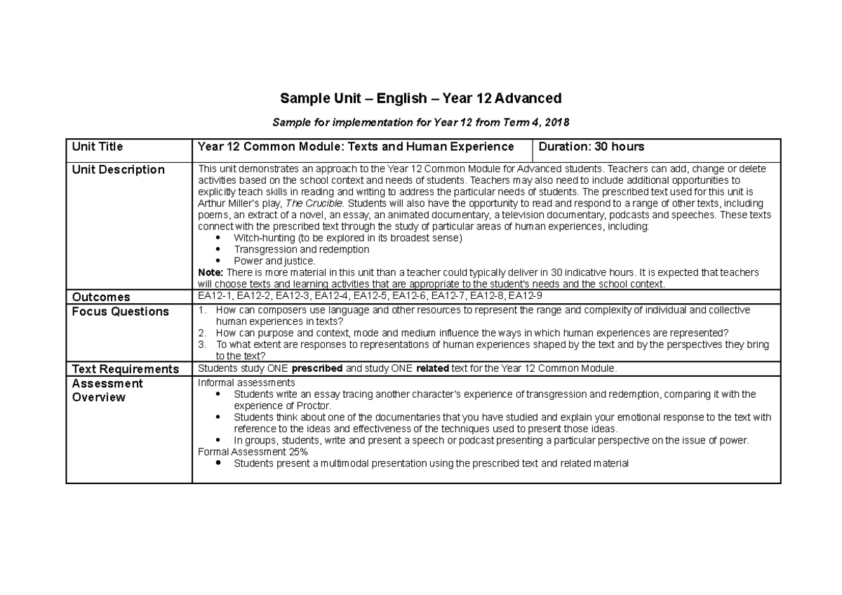 Stage 6 English Advanced Year 12 Common Module Sample Unit - Sample ...