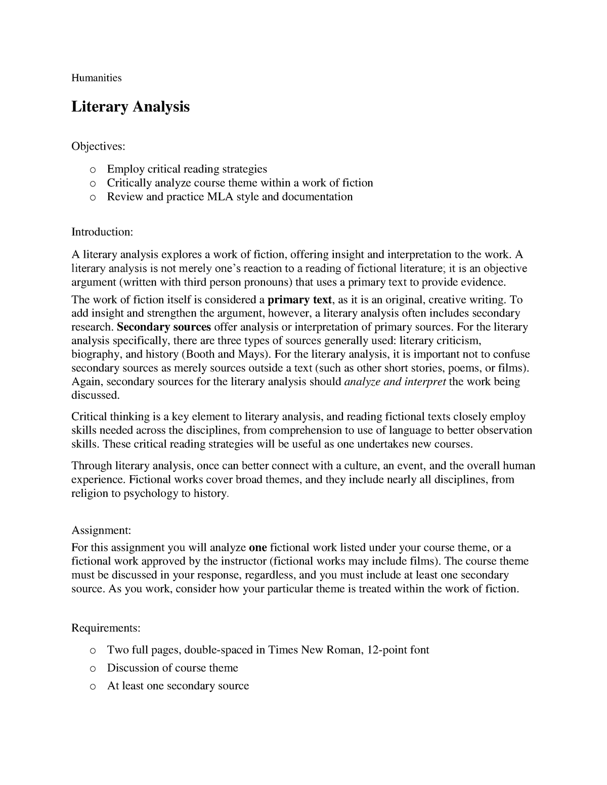 Literary Analysis Directions - Humanities Literary Analysis Objectives ...